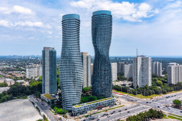Aerial view of the Mississauga downtown district. Cityscape and urban skyline of the modern city in...