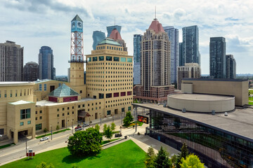Aerial view of the Mississauga downtown district. Cityscape and urban skyline of the modern city in...