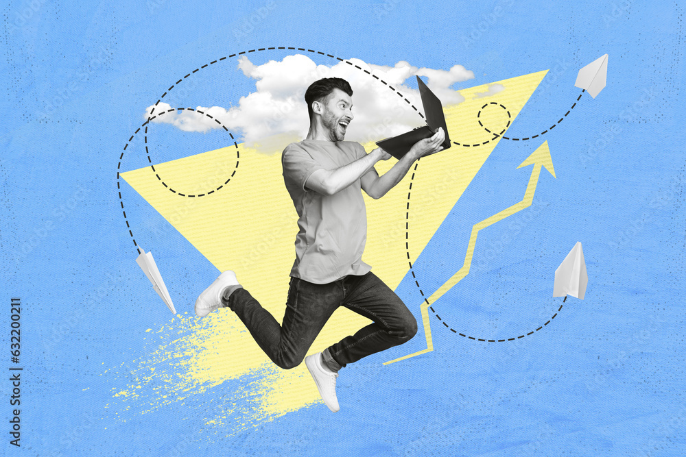 Poster Picture collage sketch of crazy worker using netbook writing texting sms sending speed wifi connection isolated on drawing blue background