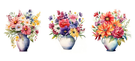 arrangement vase with colorful flowers watercolor