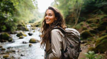 Natural beauty, woman hiking in the great outdoors along a river. Wearing a backpack looking back at camera. Fitness, health tramping and wellness.