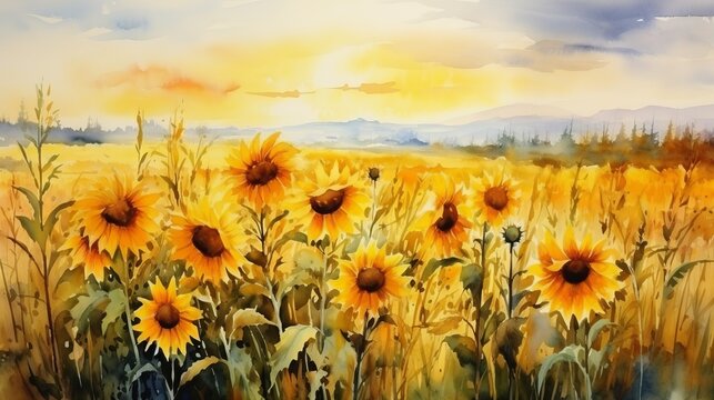 Glade with sunflowers painted with oil paints. Picture for postcards and design. Beautiful landscape of Ukrainian fields. Generative AI