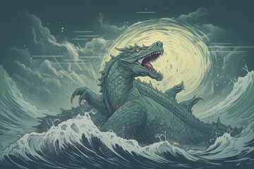 Intense kaiju like lizard monster in a violent ocean storm with thunder and lightning. The creature is angry and a ship is sinking in the waves of the sea water