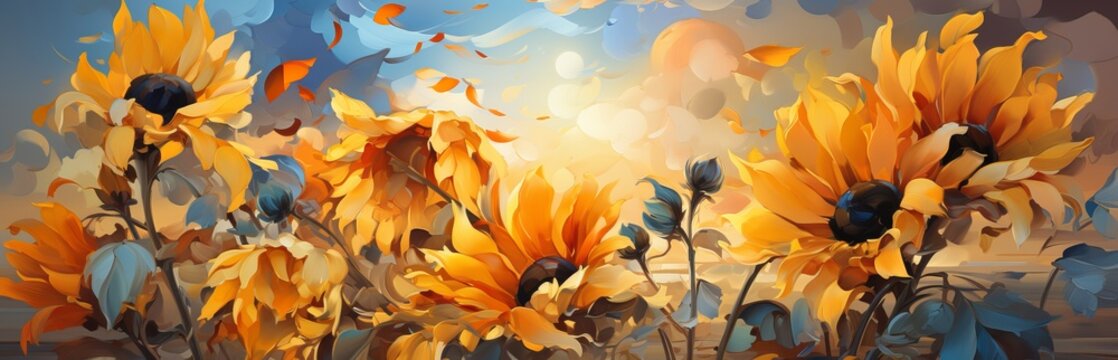 Glade with sunflowers painted with oil paints. Picture for postcards and design. Beautiful landscape of Ukrainian fields. Generative AI