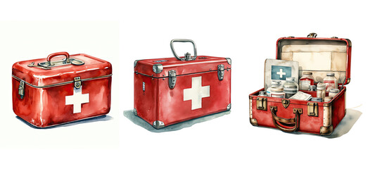 old vintage first aid box watercolor - obrazy, fototapety, plakaty