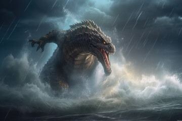 Intense kaiju like lizard monster in a violent ocean storm with thunder and lightning. The creature is angry and a ship is sinking in the waves of the sea water