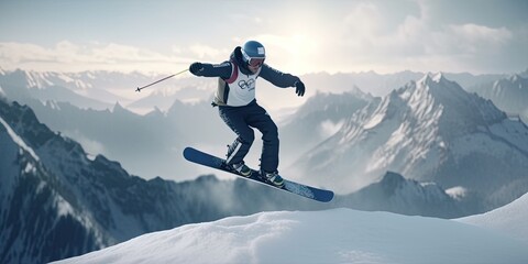 Naklejka na ściany i meble Snowboard downhill and compete in tournament, winter sports, snowboarding, AI