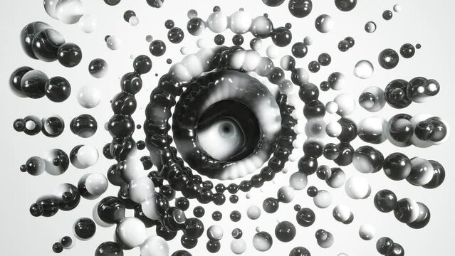 Hypnotic motion graphics of rotating waving liquid black and white spheres