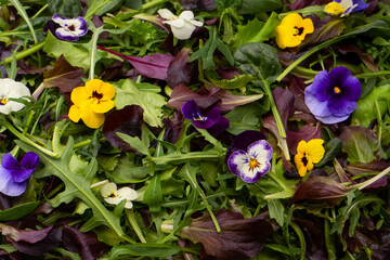 Fresh mix of salads with edible flowers. Top view.