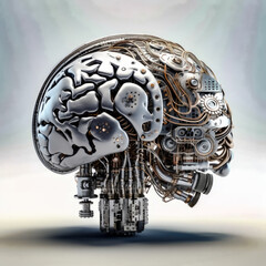 a metal brain sculpture with intricate details and has several wires and cables