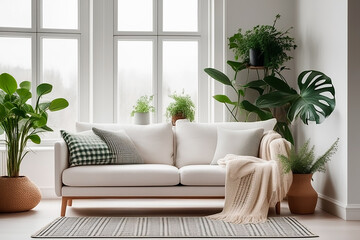 Scandinavian, hygge-style living room featuring a white sofa adorned with plaid and cushions, placed on a knitted rug in front of a grid window, surrounded by lush green houseplants. Generative IA