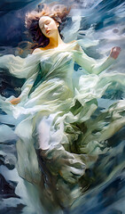 a painting of a woman in a white flowing dress underwater. She is lying on her back with her eyes closed