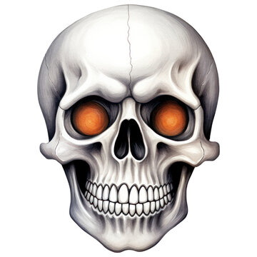 Watercolor Skull Human Head, Eerie, Horror, Spooky Halloween, Anatomy. Isolated on Transparent Background. Generative AI