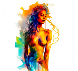 a painting of a exotic woman with long hair's and body painted in different colors
