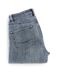 Folded light blue jeans isolated on white, top view