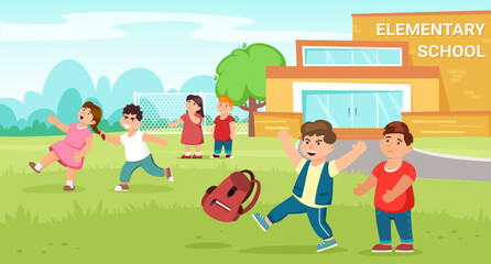 bully kids background. school bullying situations, conflicts between children, classmates violent mockery concept. vector cartoon flat background.