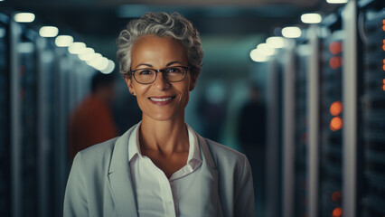 Senior Multi Racial woman, programmer. Portrait of an It specialist in the modern server room of a large IT company. The elderly lady is gaining a new profession. Ai generated