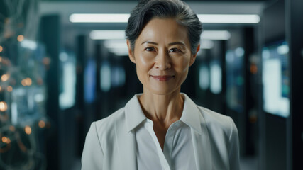Fototapeta premium Middle Aged Female IT Specialist is standing at the Camera in Data Center Next to Server Racks and Looking at the Camera. Generated Ai.