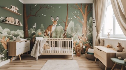 A Forest-Themed Nursery with a Treehouse Crib and Woodland Decor, generative AI