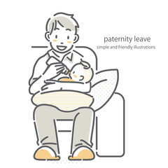 赤ちゃんにミルクを飲ませるお父さん　シンプルでお洒落な線画イラスト