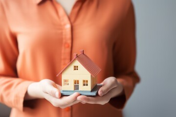 Fototapeta na wymiar Building, mortgage, investment, real estate and property concept - close up of woman holding home or house model