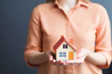 Building, mortgage, investment, real estate and property concept - close up of woman holding home or house model and piggy bank