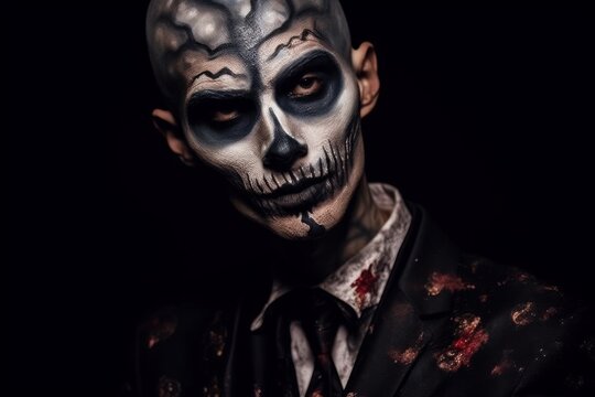 Man with scary makeup for Halloween. Close up shot. Creative face art, carnival and fashion concept