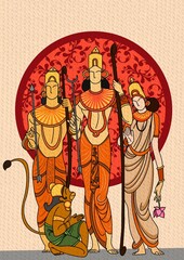 ancient ram, lakshman, sita nad hanuman ji god painting, unique style hindu god wall painting illustration
