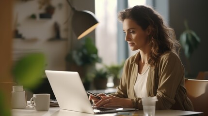 portrait of creative caucasian woman in casual wear working and present discussing with laptop on wood table in office in dark tone, Generative AI