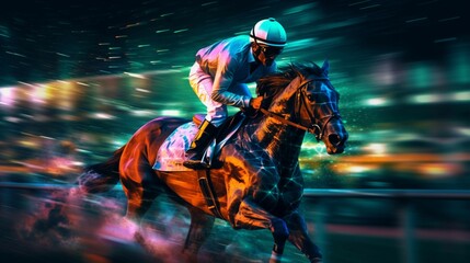 Horse racing at night.Digital illustration of thoroug.Generative AI