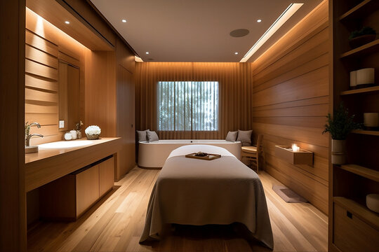 Wooden relax with aromatherapy treatment in a tray in a room for luxury or wellness. Background, health and massage with still life in resort hotel for skincare or relaxation. Generative AI Technology