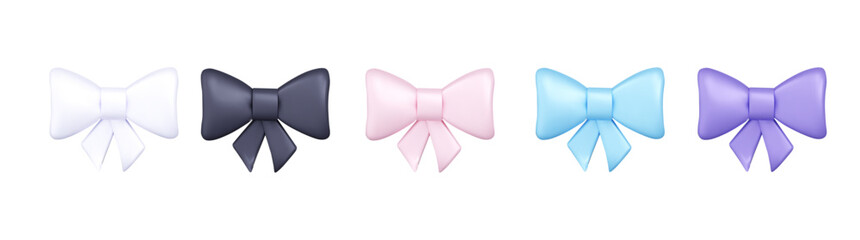 Luxury bows in black and white, pink, blue and purple set. 3D vector illustration. 