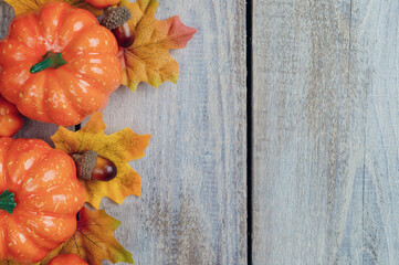 Halloween background. Autumn decoration. Orange pumpkin. Halloween concept. Top view.