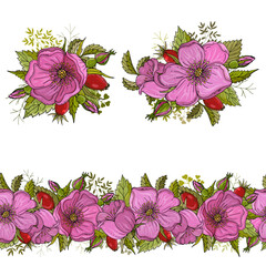 Seamless stripe and composition set with rosehip leaves, flowers and berries isolated on white background. Hand drawn flowers for invitation, wedding or postcard. EPS 10 vector illustration.