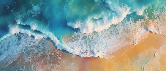 Foto op Canvas waves on the shoreline. Tropical beach surf. Abstract aerial ocean view,  AI generative © khwanchai