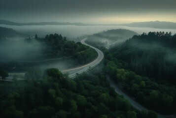 the view from the top of the road in the middle of the forest and green trees with the beauty of the mist. generative ai