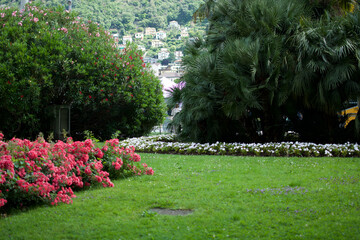 small park with green garden and rides for children in the city of Como