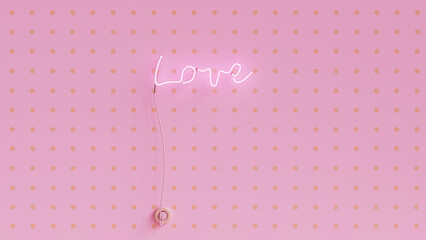 Neon cartoon light in form of inscription Love on wall with polka dot wallpaper. Alternative Valentine's Day. Valentine poster. Romantic room design. 3d render, 3d illustration.