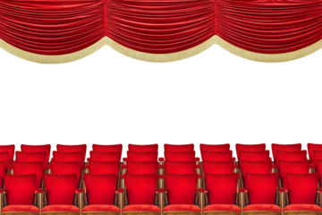 Vintage movie theatre chairs and stage curtain with copy space