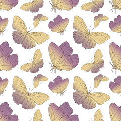 Seamless pattern with golden butterflies on a white background. Pattern for decor, covers, backgrounds, textiles, wrapping paper.