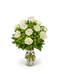 Floral flower arrrangment - Roses in glass vase - white flower arrangement isolated on white background - Bouquet, Florist, Small Business, Retail