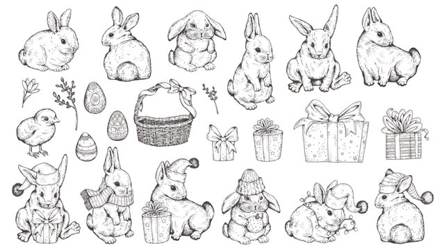 Rabbit or hare big set hand drawn gravure or sketch style vector isolated.
