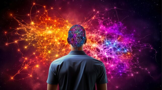 Illustration of thought energy . Head of person and neural network of brain with a problematic areas, Psychic waves concept, Generative AI illustration