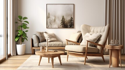 Interior design of Scandinavian living room, Wing chair near rustic wooden coffee table, Generative AI