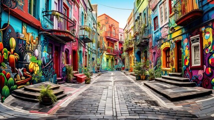 beautiful colorful alley with paving stone - obrazy, fototapety, plakaty