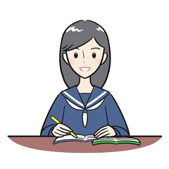 教科書とノートを開いて勉強をする女子学生（カラフル）