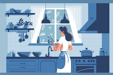 Woman in apron washing dishware in kitchen with modern appliances, illustration generative AI