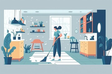 Woman brushing the carpet with handheld vacuum cleaner, illustration generative AI