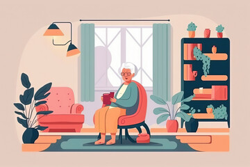 Elderly woman drinking hot aromatic beverage at home, illustration generative AI