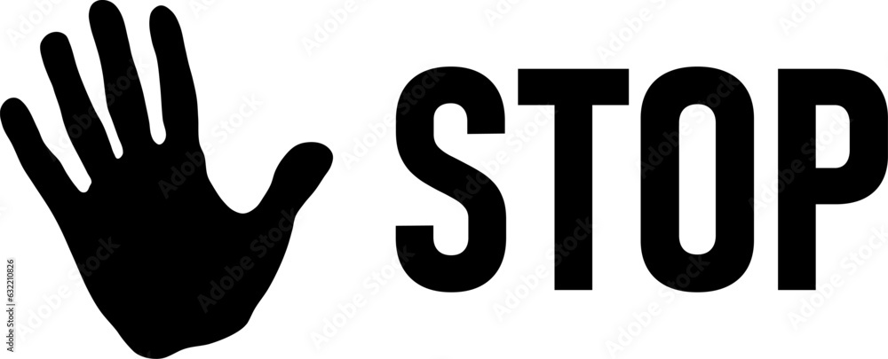 Aufkleber black stop warning sign icon with a realistic hand and text. vector image.